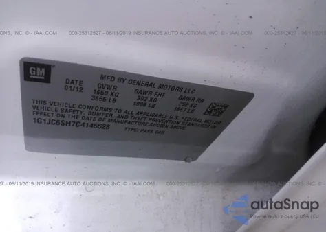 2012 Chevrolet Sonic Lt z USA, uszkodzony, nr VIN 1G1JC6SH7C4146628